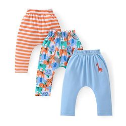Babyhug Interlock Cotton Knit Stripes & Giraffe Printed Diaper Leggings Pack of 3 - Multicolour