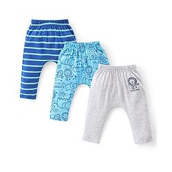 Babyhug Cotton Knit Interlock Full Length Diaper Leggings With Animals Print Pack Of 3 - Blue & Grey