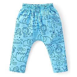 Babyhug Cotton Knit Interlock Full Length Diaper Leggings With Animals Print Pack Of 3 - Blue & Grey