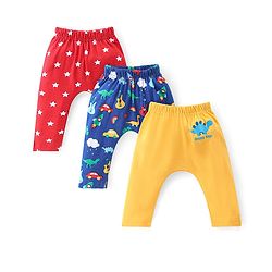 Babyhug Cotton Knit Interlock Full Length Diaper Leggings With Star & Dino Print Pack Of 3 - Yellow Red & Blue