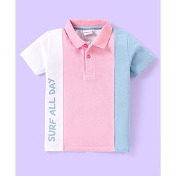 Babyhug 100% Cotton Knit Half Sleeves Cut & Sew Polo T-Shirt with Text Graphics - White Peach & Blue