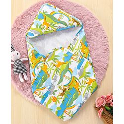 Babyhug Interlock Wrappers With Hood Animal Print L 76.2 x B 76.2 cm - Multicolour