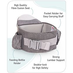 Babyhug Independent 2-in-1 Hip Seat Carrier: Front & back carrying positions, Padded seat for comfort, Adjustable waist belt, Side storage pockets, Supports up to 15kg, Easy weight distribution for parents comfort- Grey