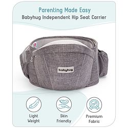 Babyhug Independent 2-in-1 Hip Seat Carrier: Front & back carrying positions, Padded seat for comfort, Adjustable waist belt, Side storage pockets, Supports up to 15kg, Easy weight distribution for parents comfort- Grey