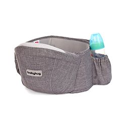 Babyhug Independent 2-in-1 Hip Seat Carrier: Front & back carrying positions, Padded seat for comfort, Adjustable waist belt, Side storage pockets, Supports up to 15kg, Easy weight distribution for parents comfort- Grey