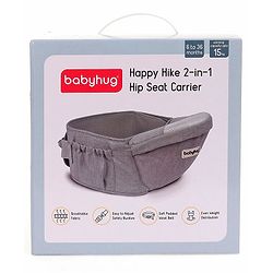 Babyhug Independent 2-in-1 Hip Seat Carrier: Front & back carrying positions, Padded seat for comfort, Adjustable waist belt, Side storage pockets, Supports up to 15kg, Easy weight distribution for parents comfort- Grey