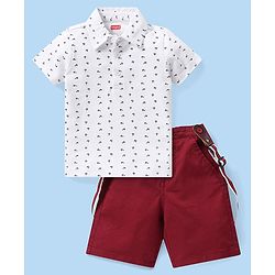 Babyhug Cotton Woven Half Sleeves Polo T-Shirt & Shorts Set with Suspender Anchor Print - Maroon & White