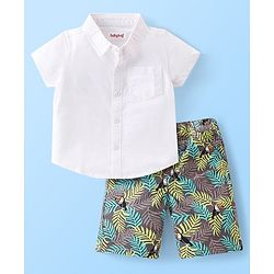 Babyhug 100% Cotton Woven Half Sleeves Shirt & Shorts Set Tropical Theme - White & Green