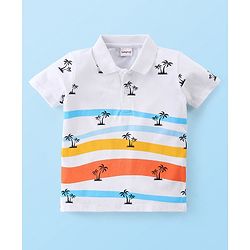 Babyhug Cotton Half Sleeves Polo T-Shirt with Tropical Print - White