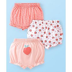 Babyhug 100% Cotton Knit Fruity Print Bloomers Pack of 3 - Peach & White