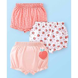 Babyhug 100% Cotton Knit Fruity Print Bloomers Pack of 3 - Peach & White