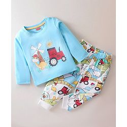 Babyhug Single Jersey Knit  Full Sleeves Night Suit with Tractor & Dino Print - Blue