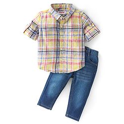 Babyhug Cotton Woven Full Sleeves Checkered Shirt & Jeans Set - Yellow & Blue