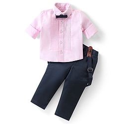Babyhug 100% Cotton Woven Full Sleeves Party Wear Shirt & Trouser Set With Suspenders & Bow- Pink & Navy