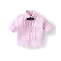 Babyhug 100% Cotton Woven Full Sleeves Party Wear Shirt & Trouser Set With Suspenders & Bow- Pink & Navy