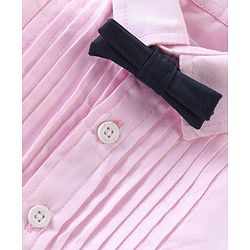 Babyhug 100% Cotton Woven Full Sleeves Party Wear Shirt & Trouser Set With Suspenders & Bow- Pink & Navy