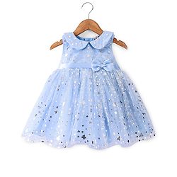 Babyhug Sleeveless Mesh Party Frock With Bow Applique - Light Blue