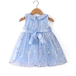 Babyhug Sleeveless Mesh Party Frock With Bow Applique - Light Blue
