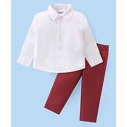 Babyhug Knit Full Sleeves Solid Color Party Shirt & Trousers with Bow & Suspender - White & Maroon