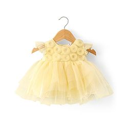 Babyhug Woven  Flutter Sleeves Mesh Party Frockyell with Floral Applique - Yellow