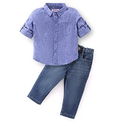 Babyhug Cotton Woven Full Sleeves Shirt & Jeans Solid Colour - Blue