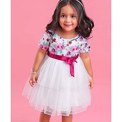 Babyhug Woven Half Sleeves Party Frock With Floral Print - Off White