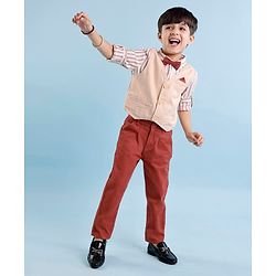Babyhug 100% Cotton Woven Full Sleeves Stripes Shirts and Trouser Set with Bow - Maroon