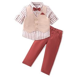 Babyhug 100% Cotton Woven Full Sleeves Stripes Shirts and Trouser Set with Bow - Maroon