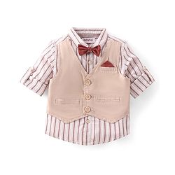 Babyhug 100% Cotton Woven Full Sleeves Stripes Shirts and Trouser Set with Bow - Maroon
