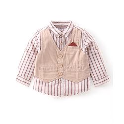 Babyhug 100% Cotton Woven Full Sleeves Stripes Shirts and Trouser Set with Bow - Maroon