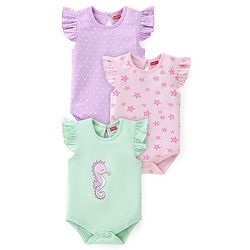 Babyhug 100% Cotton Half Sleeves Onesie With Sea Life Print Pack Of 3 - Purple Pink & Green
