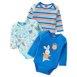 Babyhug 100% Cotton Knit Full Sleeves Onesies Pack Of 3 With Bunny Print - Blue & Orange