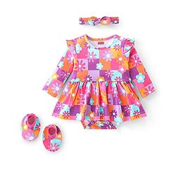 Babyhug 100% Cotton Interlock Knit Full Sleeves Onesies with Hair Band & Booties Floral Print - Pink