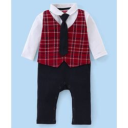 Babyhug Cotton Full Sleeves Romper With Tie Checkered - Red & Black