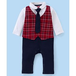Babyhug Cotton Full Sleeves Romper With Tie Checkered - Red & Black