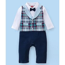 Babyhug 100% Cotton Full Sleeves Romper Checkered - White & Navy Blue
