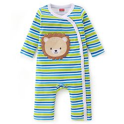 Babyhug 100% Cotton Full Sleeves Romper With Striped & Lion Patch - Green & Blue