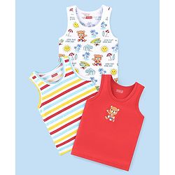 Babyhug 100% Cotton Single Jersey Knit Sleeveless Sando Stripes & Bear Print Pack Of 3 - Multicolor