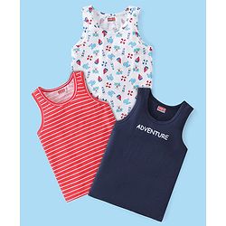 Babyhug 100% Cotton Sleeveless Sando Striped & Sea Life Print Pack of 3 - Red Blue & White