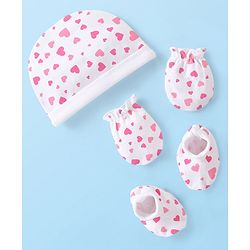 Babyhug 100% Cotton Knit Cap Mittens & Booties Set Heart Print - White