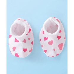 Babyhug 100% Cotton Knit Cap Mittens & Booties Set Heart Print - White