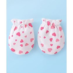 Babyhug 100% Cotton Knit Cap Mittens & Booties Set Heart Print - White