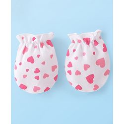 Babyhug 100% Cotton Knit Cap Mittens & Booties Set Heart Print - White