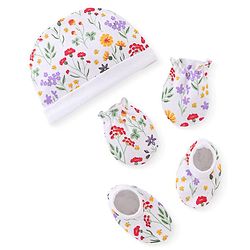 Babyhug 100% Cotton Knit Cap Mittens & Booties With Floral Print - White