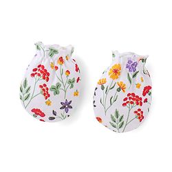 Babyhug 100% Cotton Knit Cap Mittens & Booties With Floral Print - White
