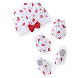 Babyhug 100% Cotton Knit Cap Mittens & Booties With Strawberry Print - White & Red