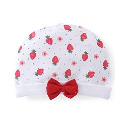 Babyhug 100% Cotton Knit Cap Mittens & Booties With Strawberry Print - White & Red