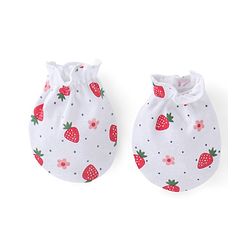 Babyhug 100% Cotton Knit Cap Mittens & Booties With Strawberry Print - White & Red