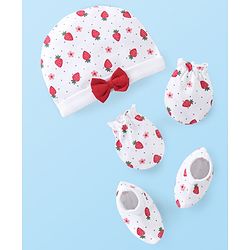Babyhug 100% Cotton Knit Cap Mittens & Booties With Strawberry Print - White & Red