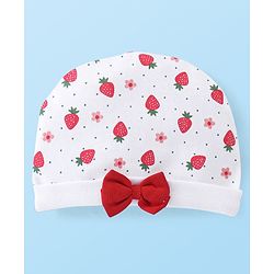 Babyhug 100% Cotton Knit Cap Mittens & Booties With Strawberry Print - White & Red